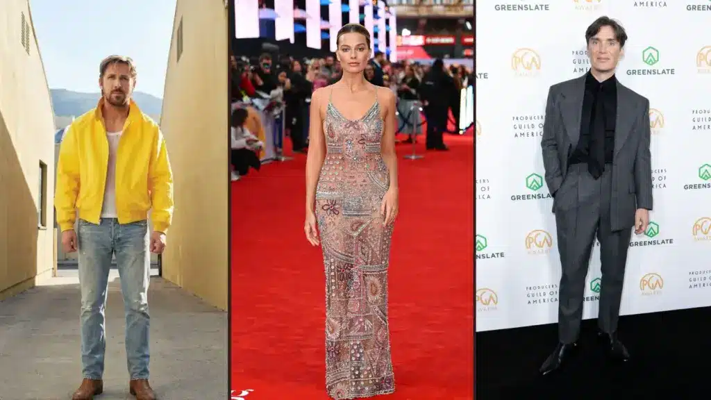 Collage of celebrities in contrasting outfits showing bright yellow, neutral tones, and red carpet style