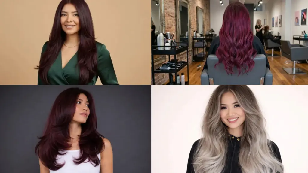 Collage of cool toned hair colors including burgundy, ash blonde, and deep red shades showing different styles