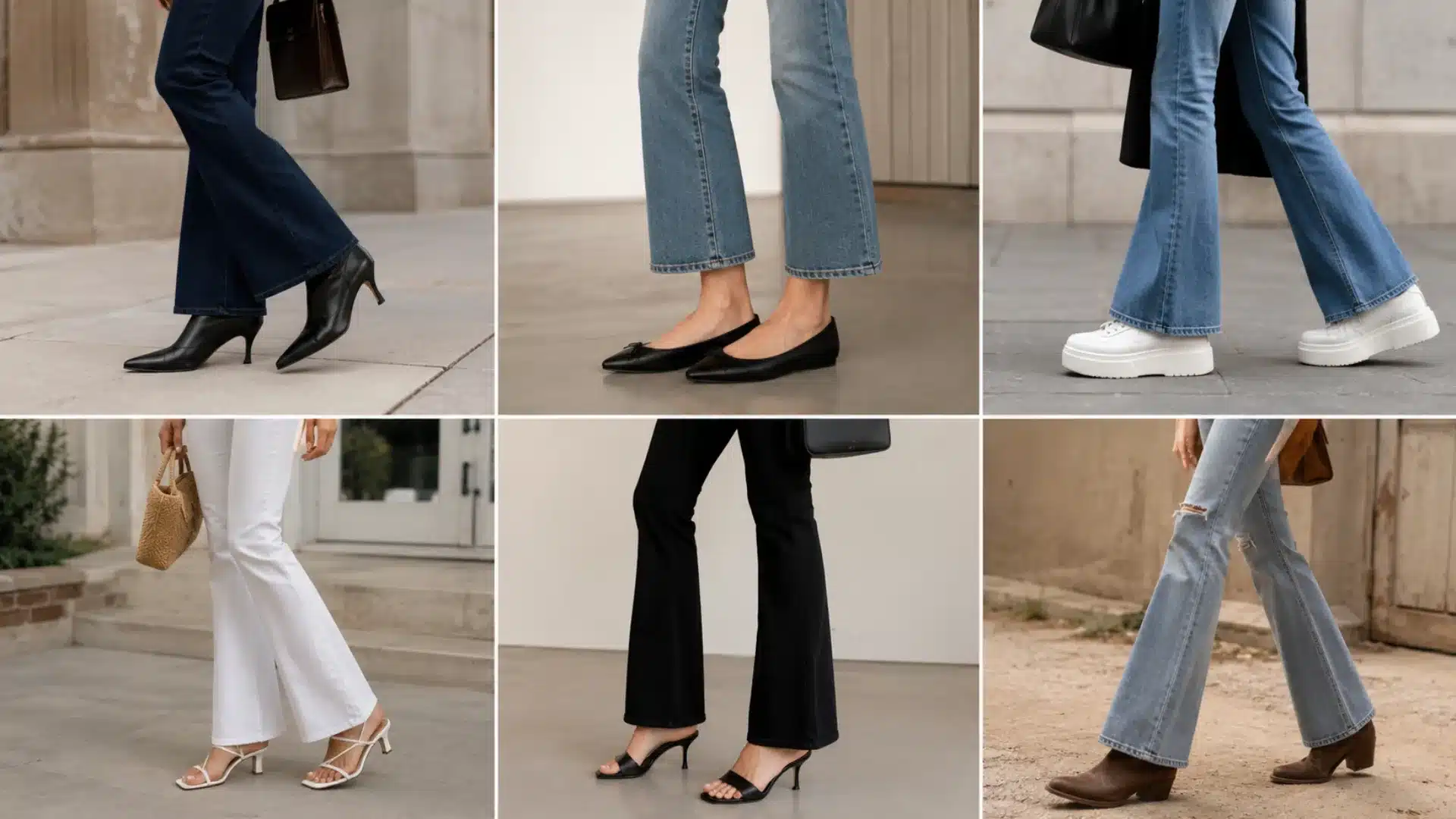 Collage of flare jeans styled with ankle boots, flats, sneakers, sandals, mules, and western boots
