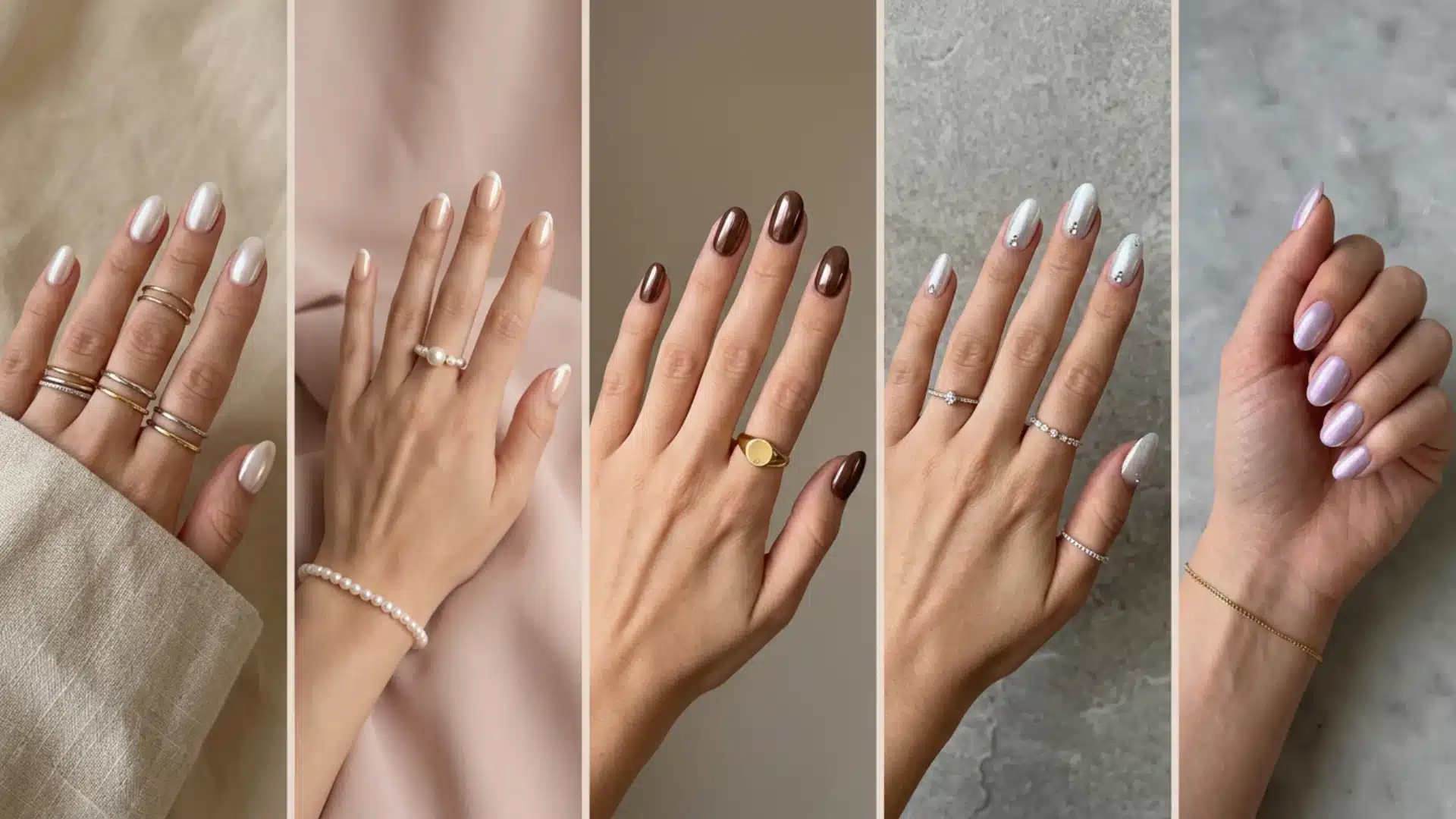 Collage of glazed donut nail styles with rings, pearls, crystals and chain bracelet