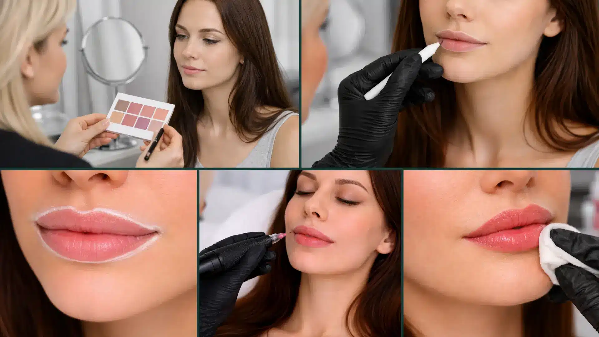 Collage showing lip blushing procedure steps including consultation, outlining, needling, shaping and final results on lips