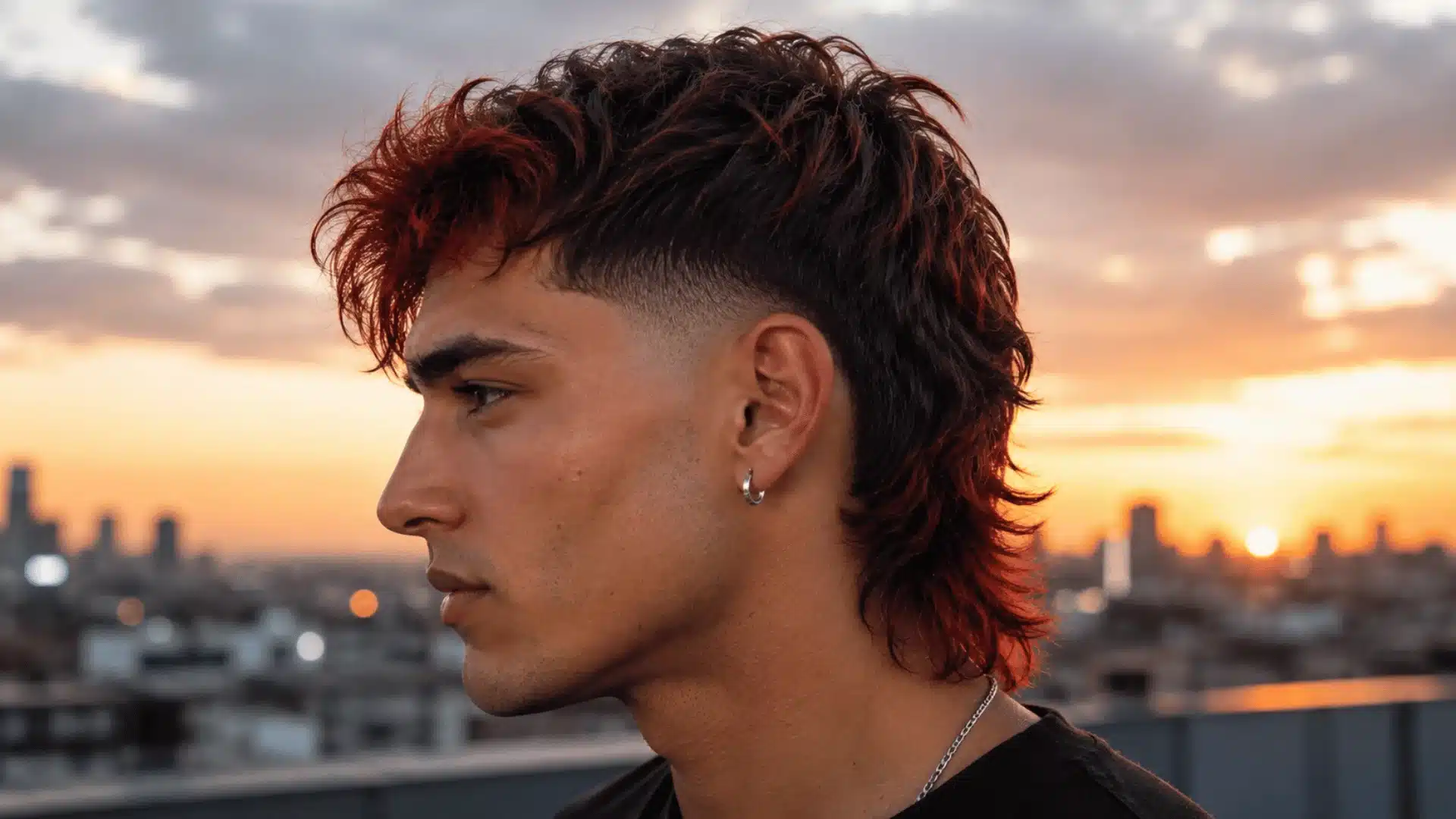 Colored skin fade mullet with copper highlighted texture