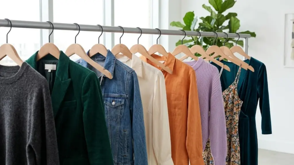 Colorful clothing collection on hangers featuring sweaters, jackets, dresses, and tops in a bright boutique setting