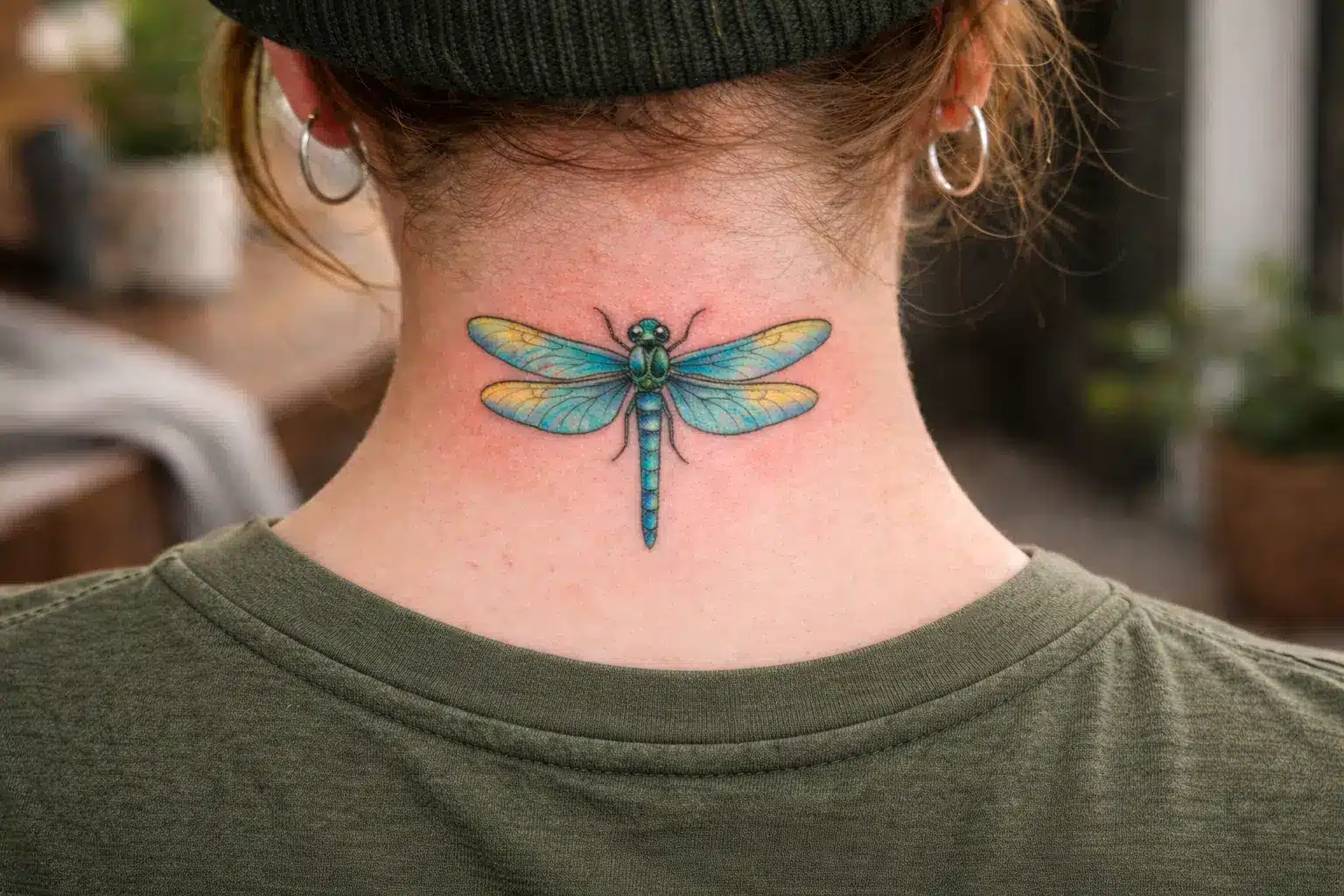 Colorful dragonfly tattoo on back of neck with blue and green wings and red skin irritation