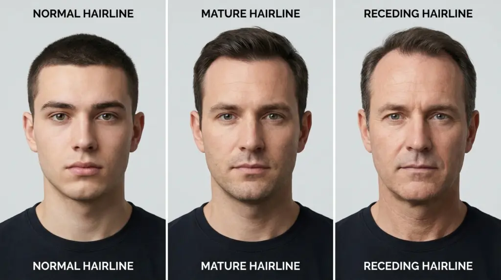 Comparison showing normal mature and receding male hairlines through three portrait examples against a gray background