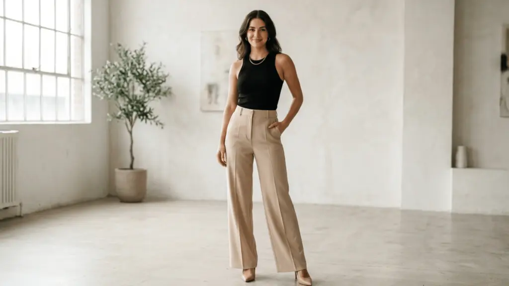 Confident woman wearing high-waisted wide-leg beige trousers with fitted black tank top and heels