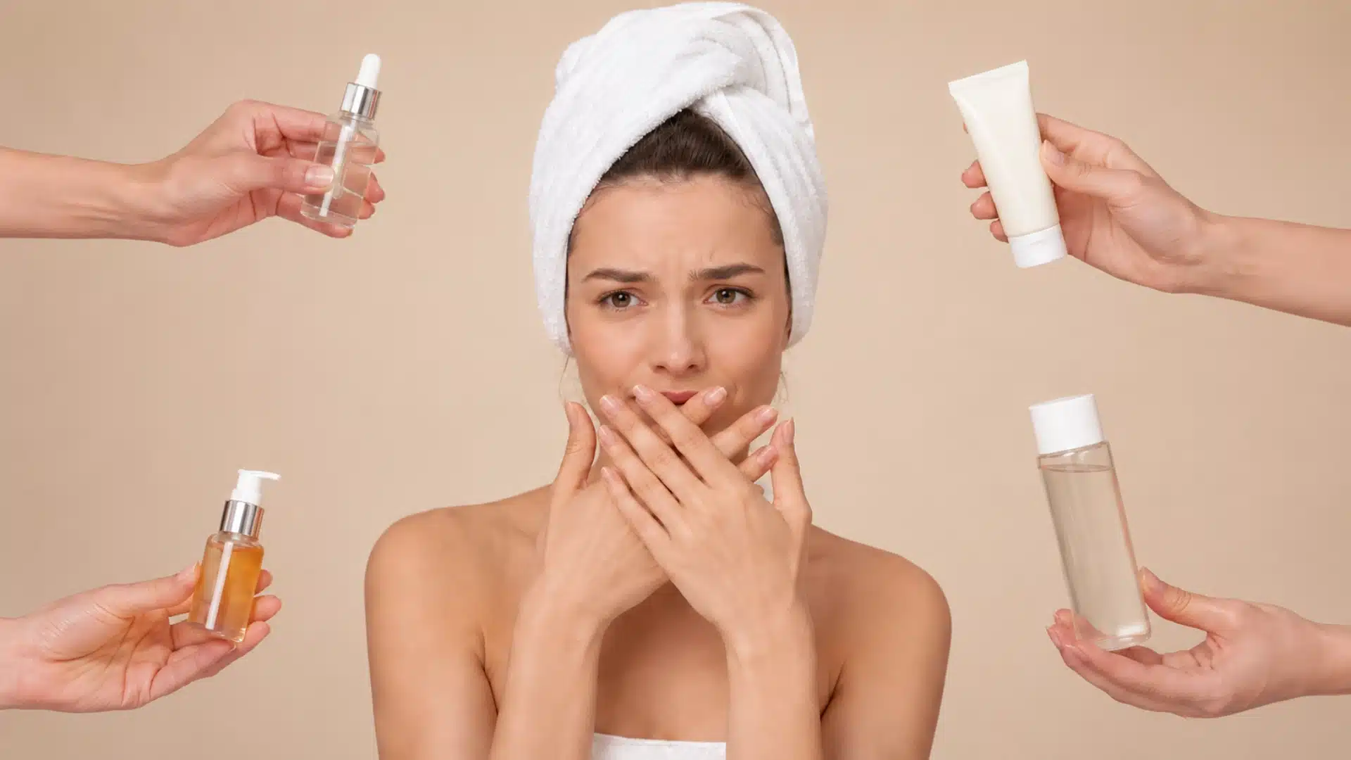 Confused woman with towel-wrapped hair surrounded by hands holding skincare products
