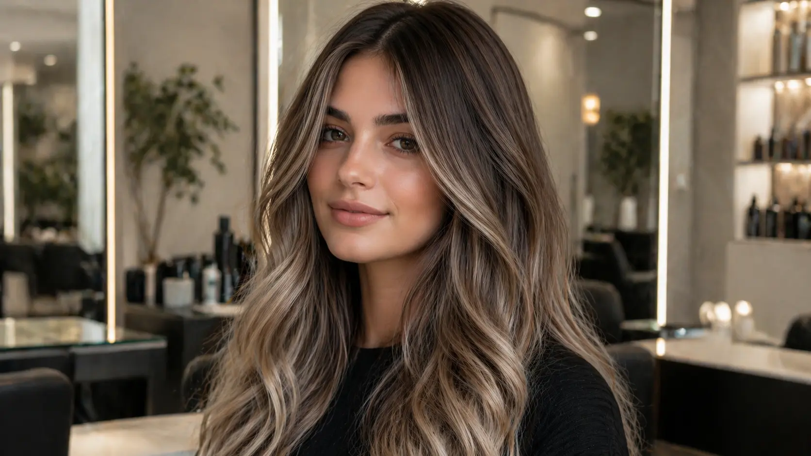 Cool-toned ash blonde balayage with soft waves, styled in a modern salon setting with warm lighting and mirrors