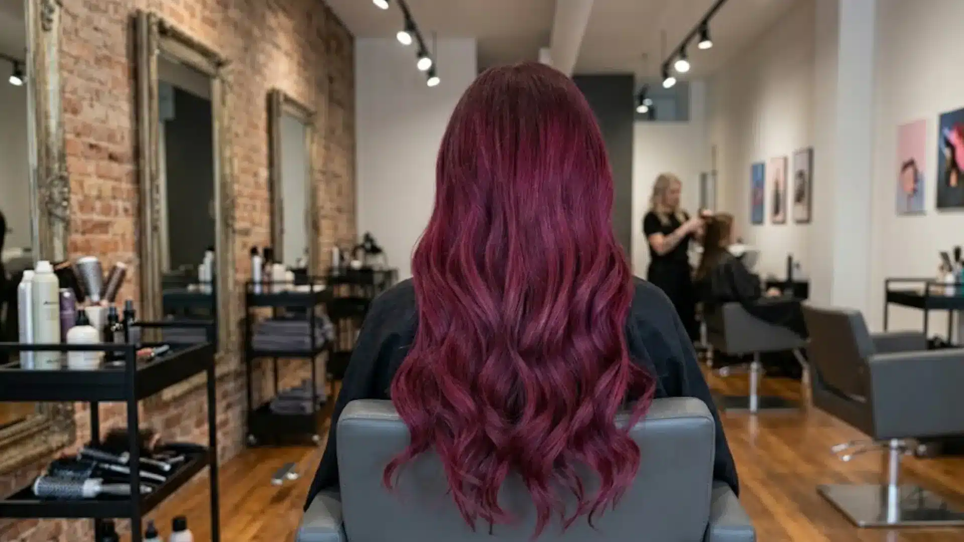 Cool toned burgundy hair styled in soft waves at salon, showing rich color depth and smooth finish