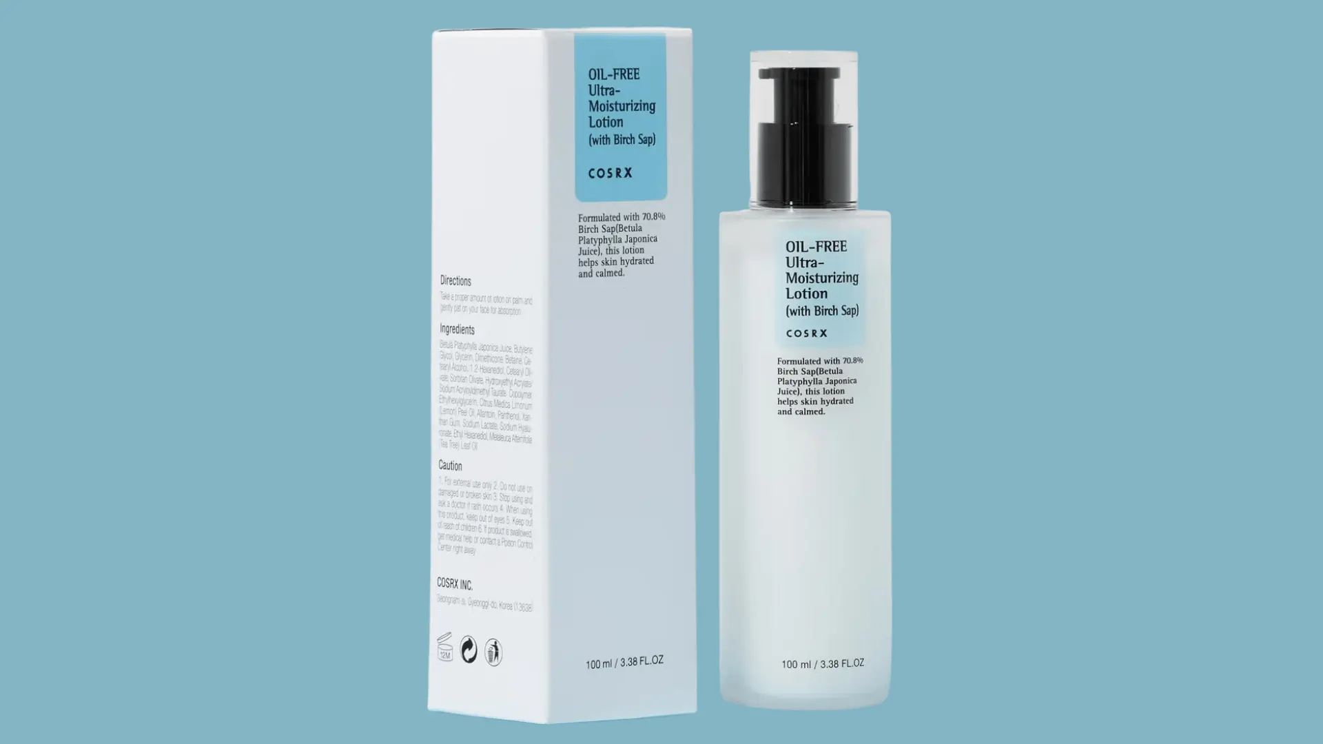 COSRX Oil-Free Ultra-Moisturizing Lotion bottle and box on a muted light blue background