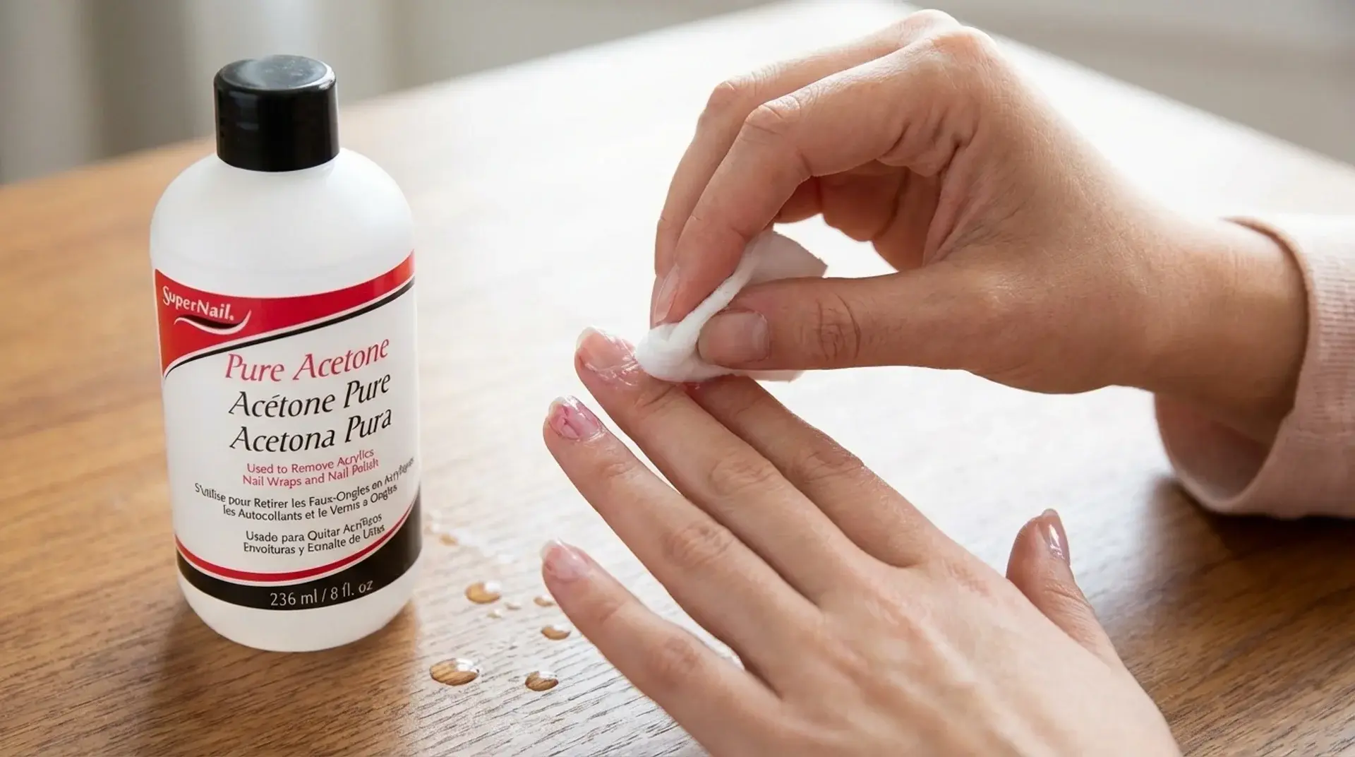 Cotton pad with acetone applied to finger to dissolve nail glue from skin safely