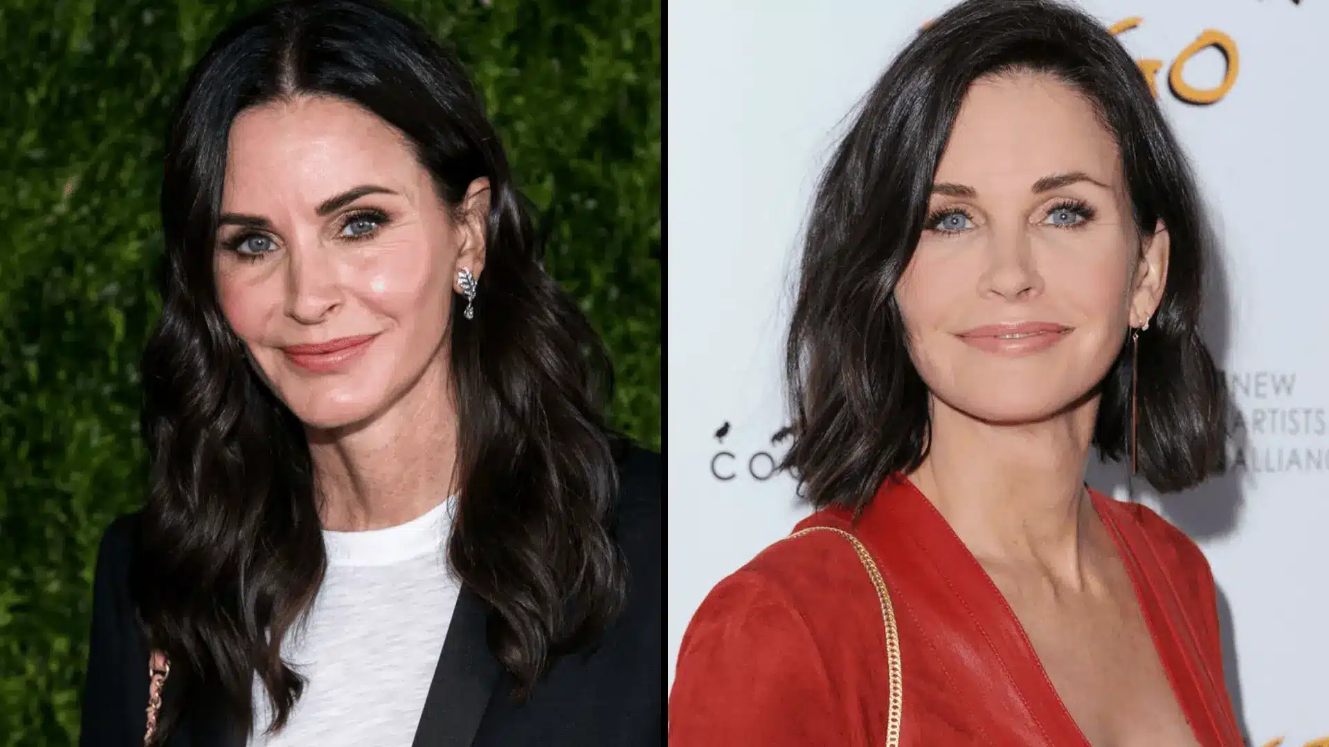 Courteney Cox in cool toned outfits with dark hair highlighting true winter color palette contrast
