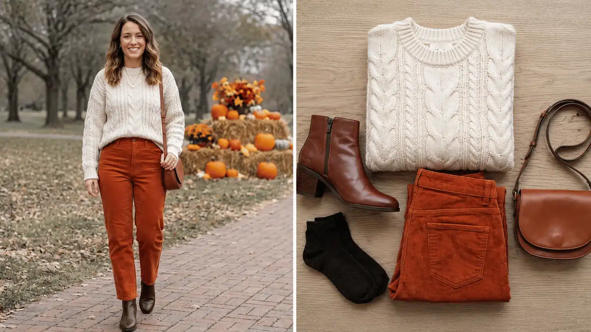 Cream sweater with rust corduroy pants