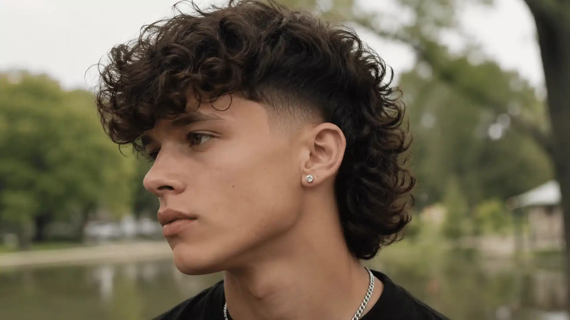 Curly fringe skin fade mullet with soft curls