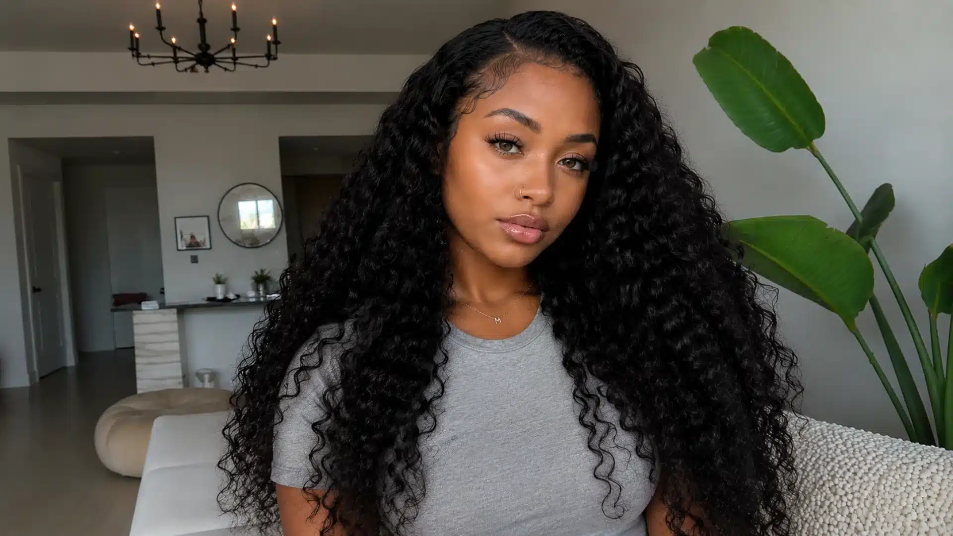 Curly sew in hairstyle with long defined black curls, natural hairline, and center part for a voluminous look