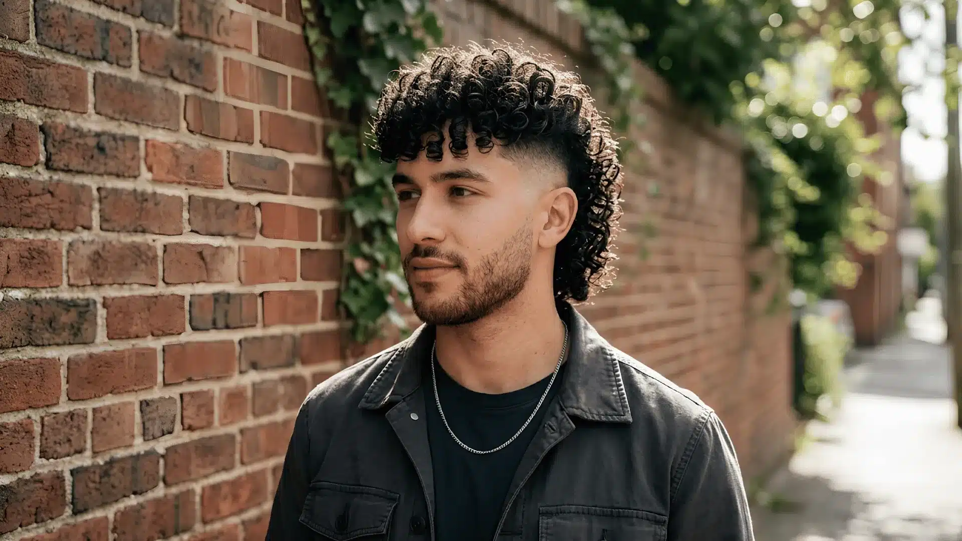 Curly skin fade mullet with defined curls and shaved sides