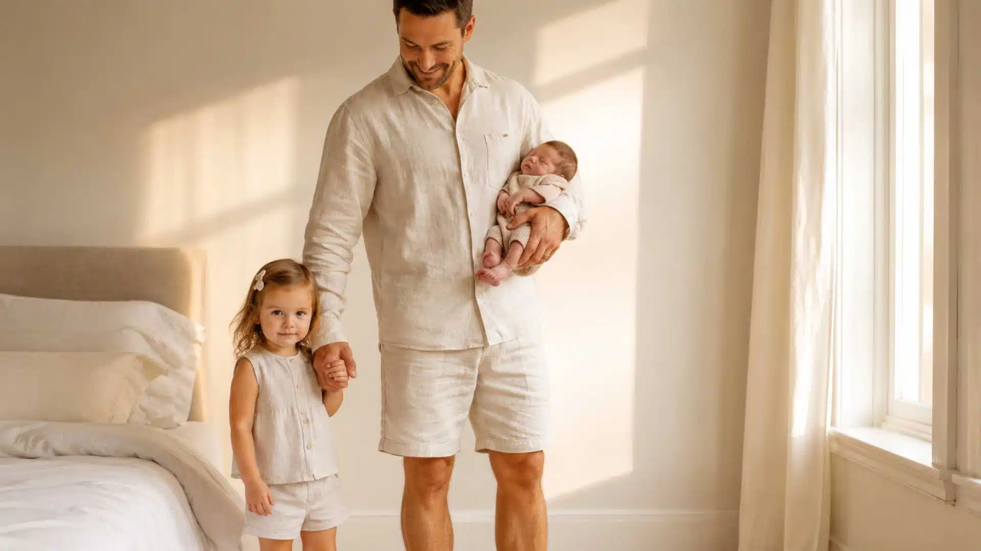 Dad and toddler in matching cream linen sets with newborn during coordinated photo session