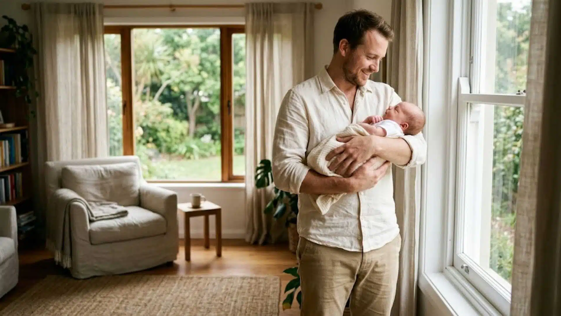 Dad in cream linen shirt and khaki chinos holding swaddled newborn at home