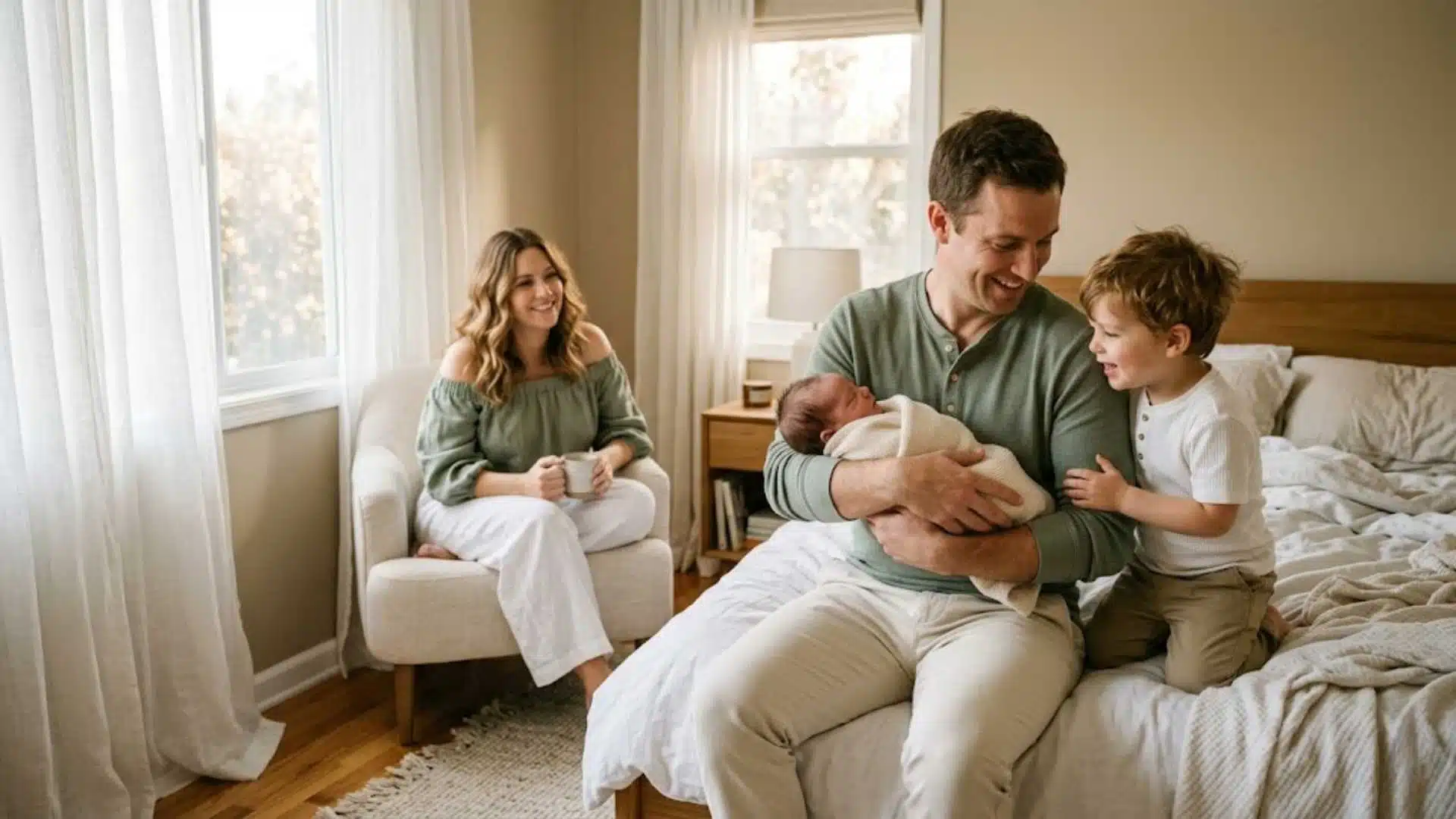 Dad in sage green Henley with toddler and newborn during family photoshoot