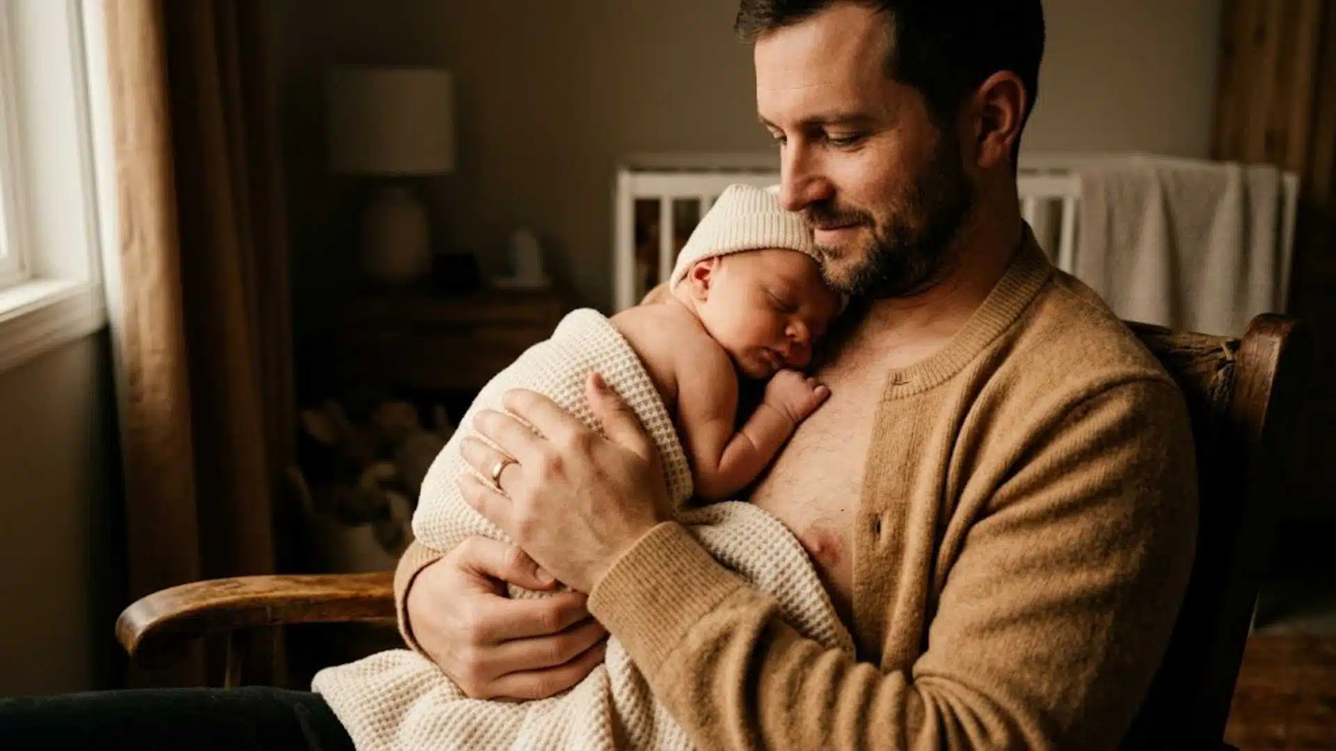 Dad in tan crewneck sweater doing skin-to-skin with newborn in family photo session