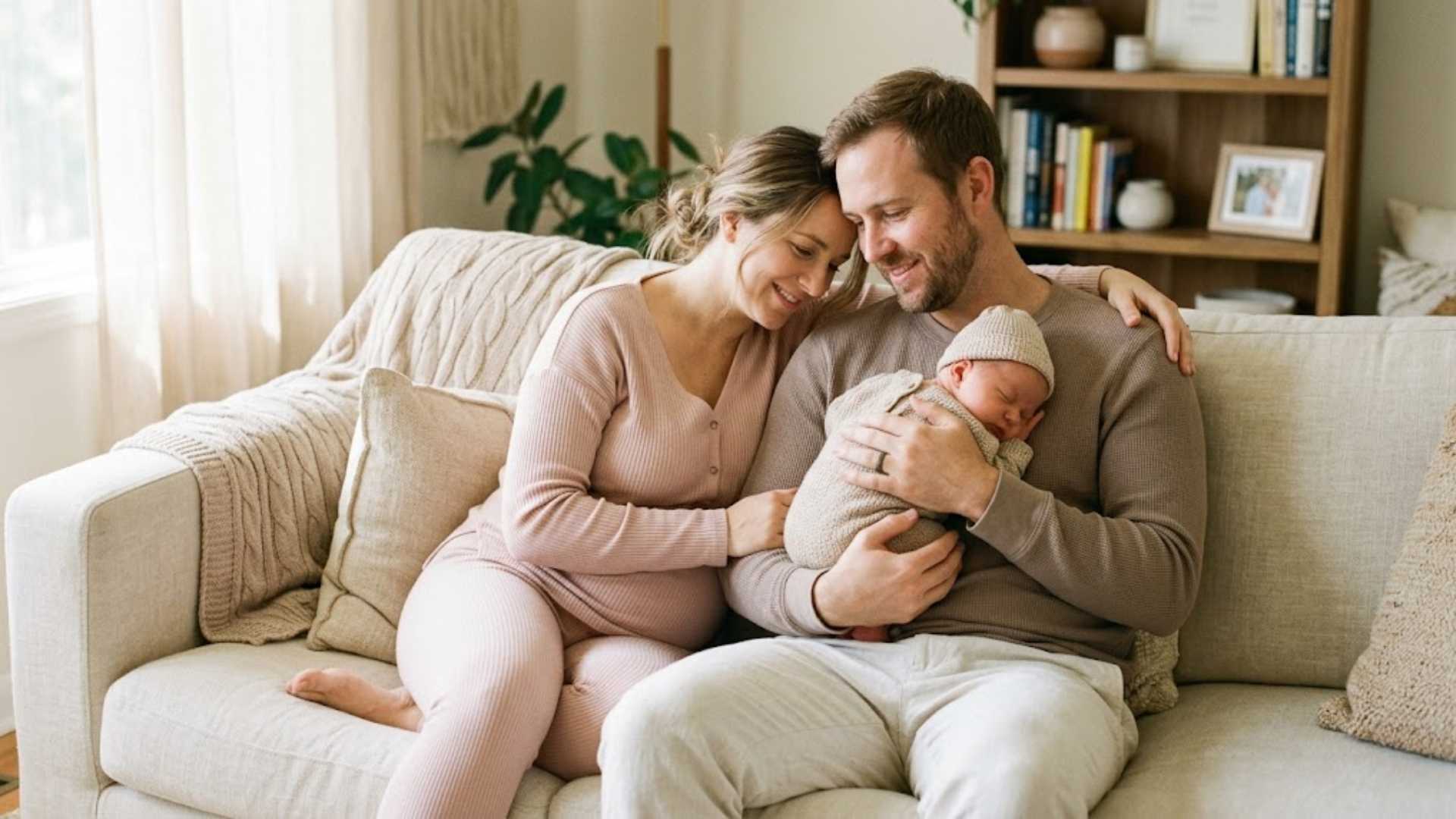 Dad in taupe waffle-knit top with mom and newborn on cream sofa in family photo session