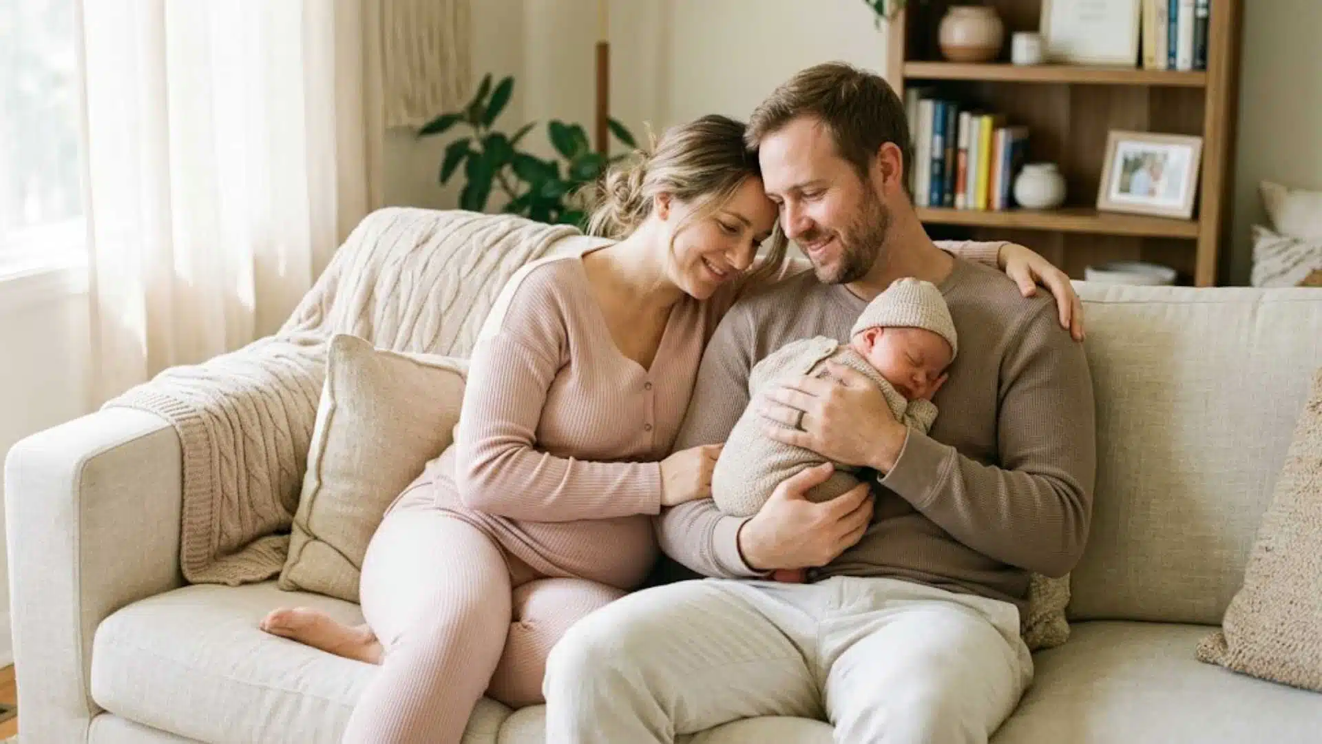Dad in taupe waffle-knit top with mom and newborn on cream sofa in family photo session