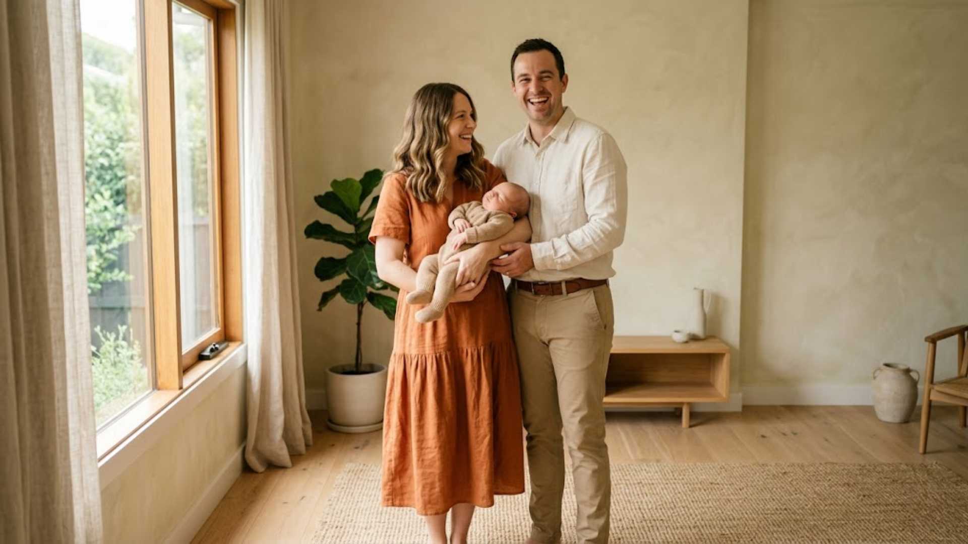 Dad in white T-shirt and beige linen pants with family near window in newborn photo session