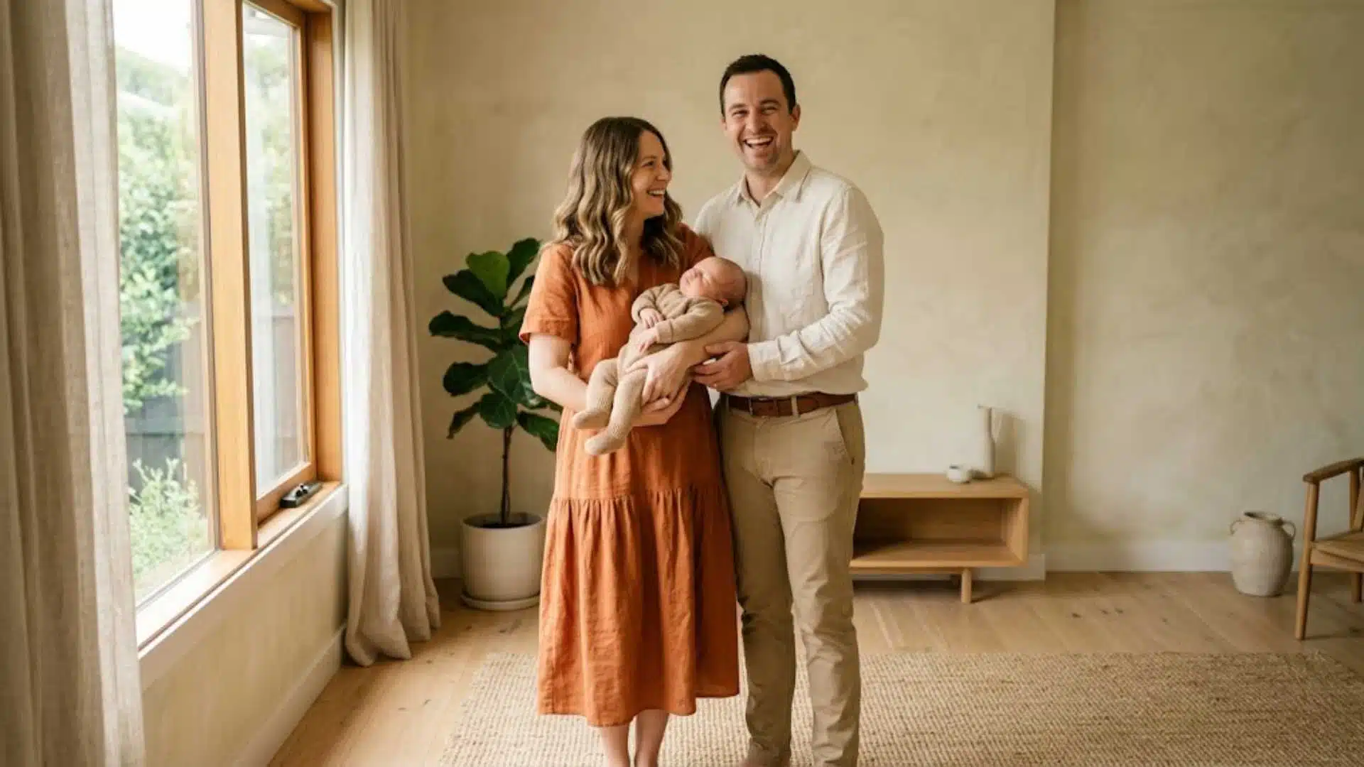 Dad in white T-shirt and beige linen pants with family near window in newborn photo session