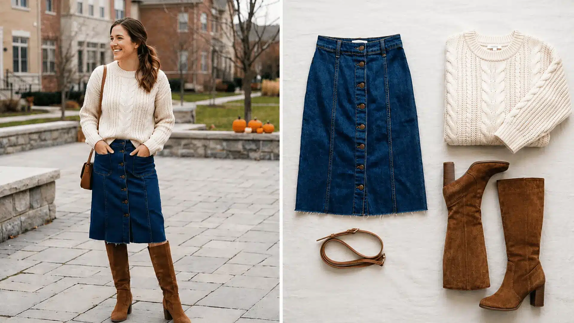 Denim midi skirt with chunky knit and boots