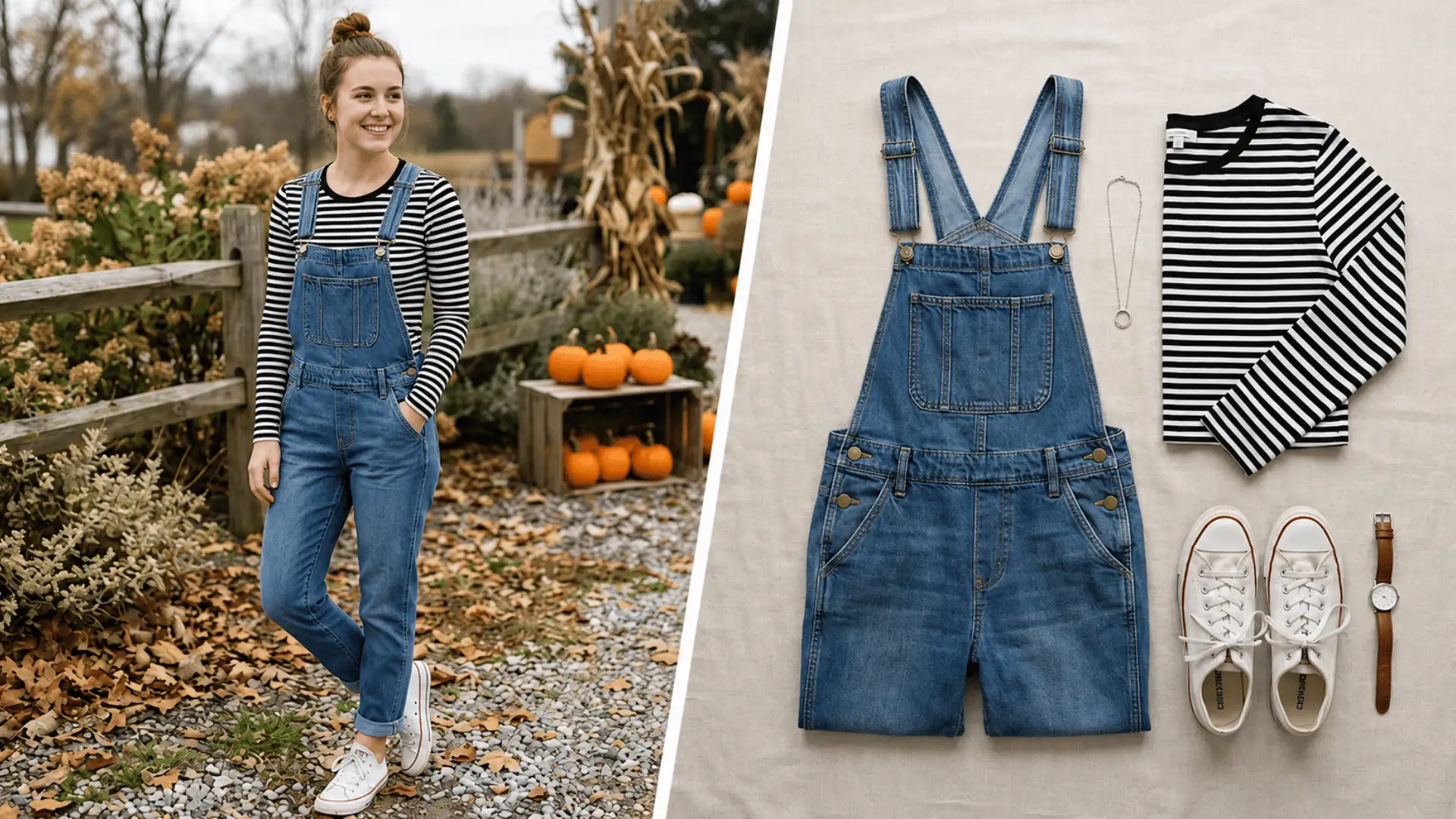 Denim overalls with striped tee outfit