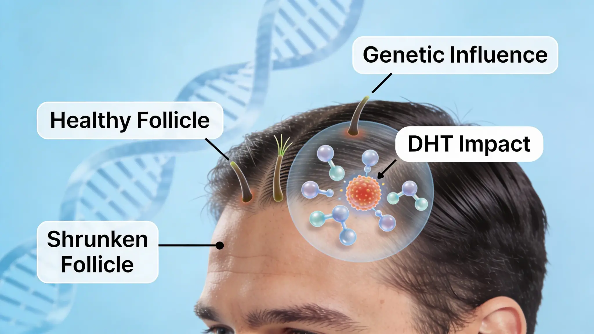 Diagram showing hair loss factors like dht impact genetic influence and follicle health against a blue background