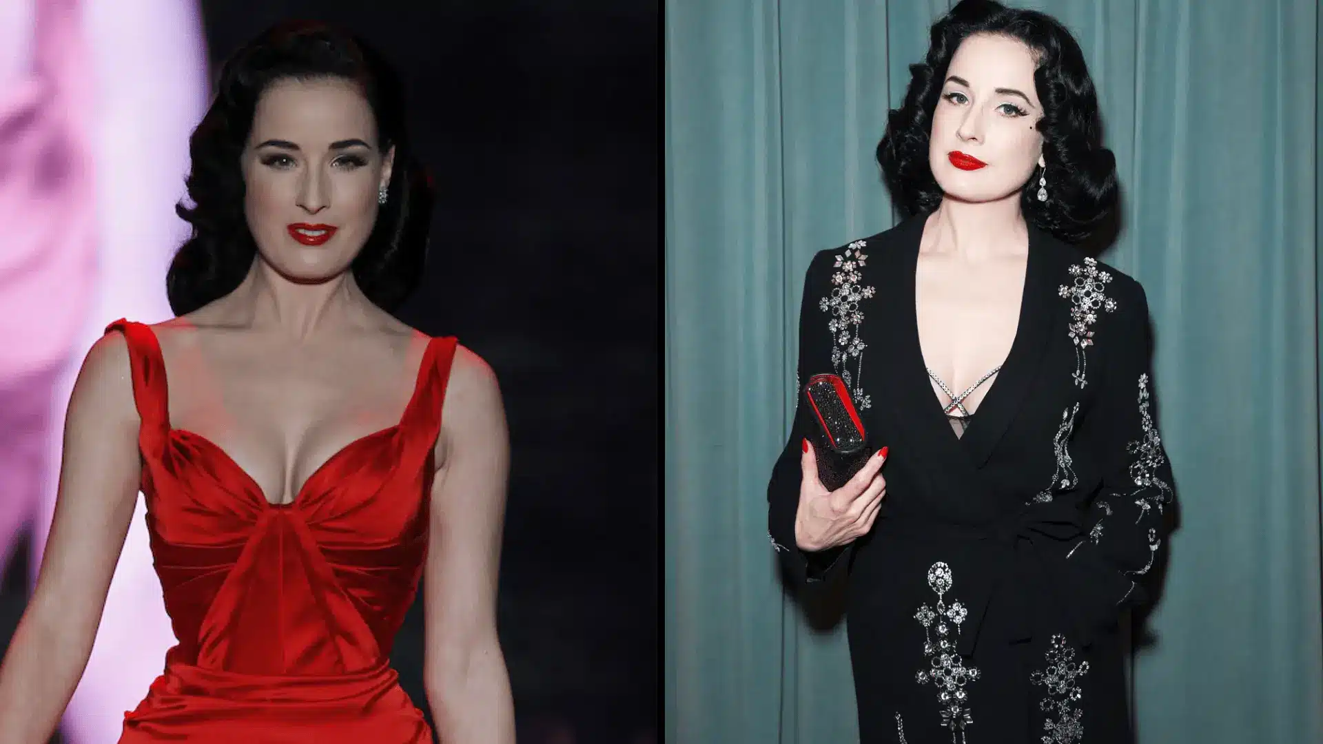 Dita Von Teese in red and black vintage looks showing iconic true winter high contrast style