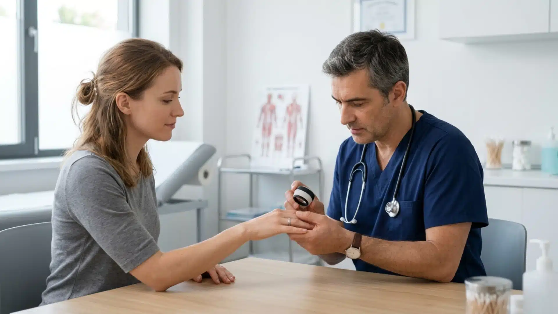 Doctor examining a woman’s nails during a clinic visit