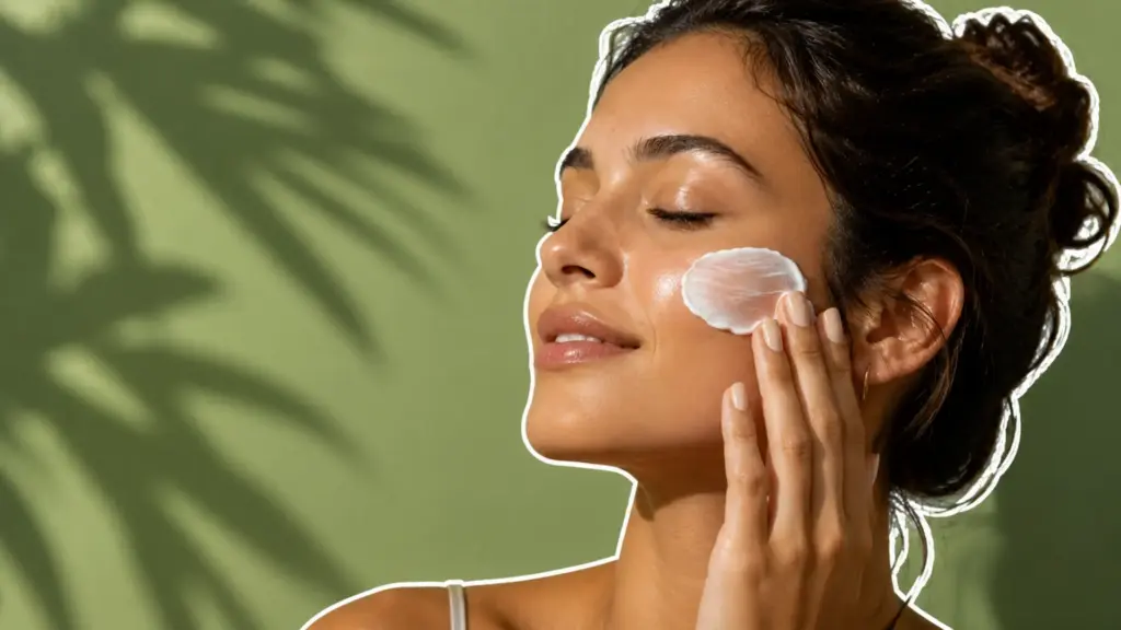 Editorial beauty shot of woman with cream on cheek and soft green background shadows