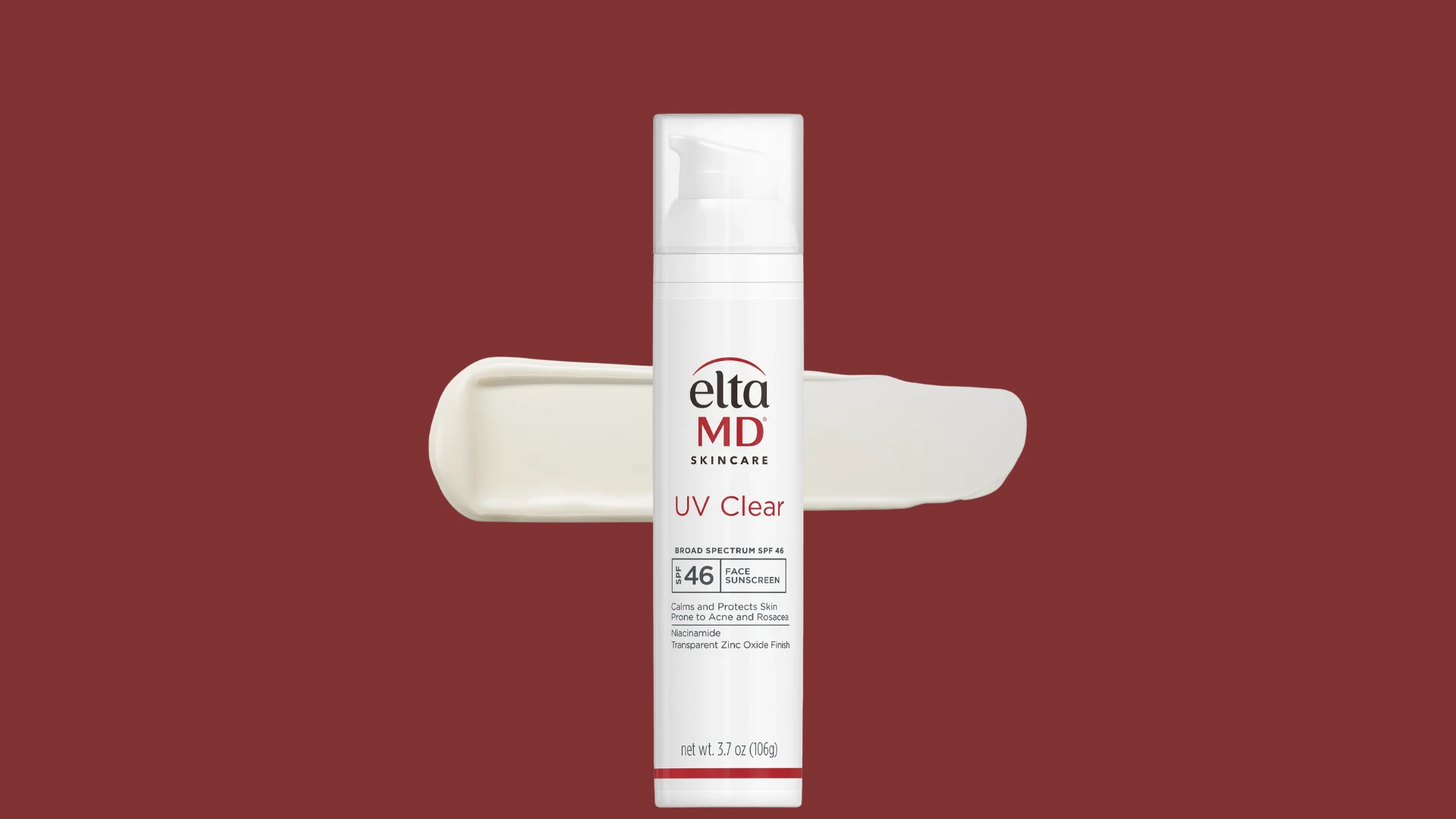 EltaMD UV Clear SPF 46 sunscreen bottle on a red background.