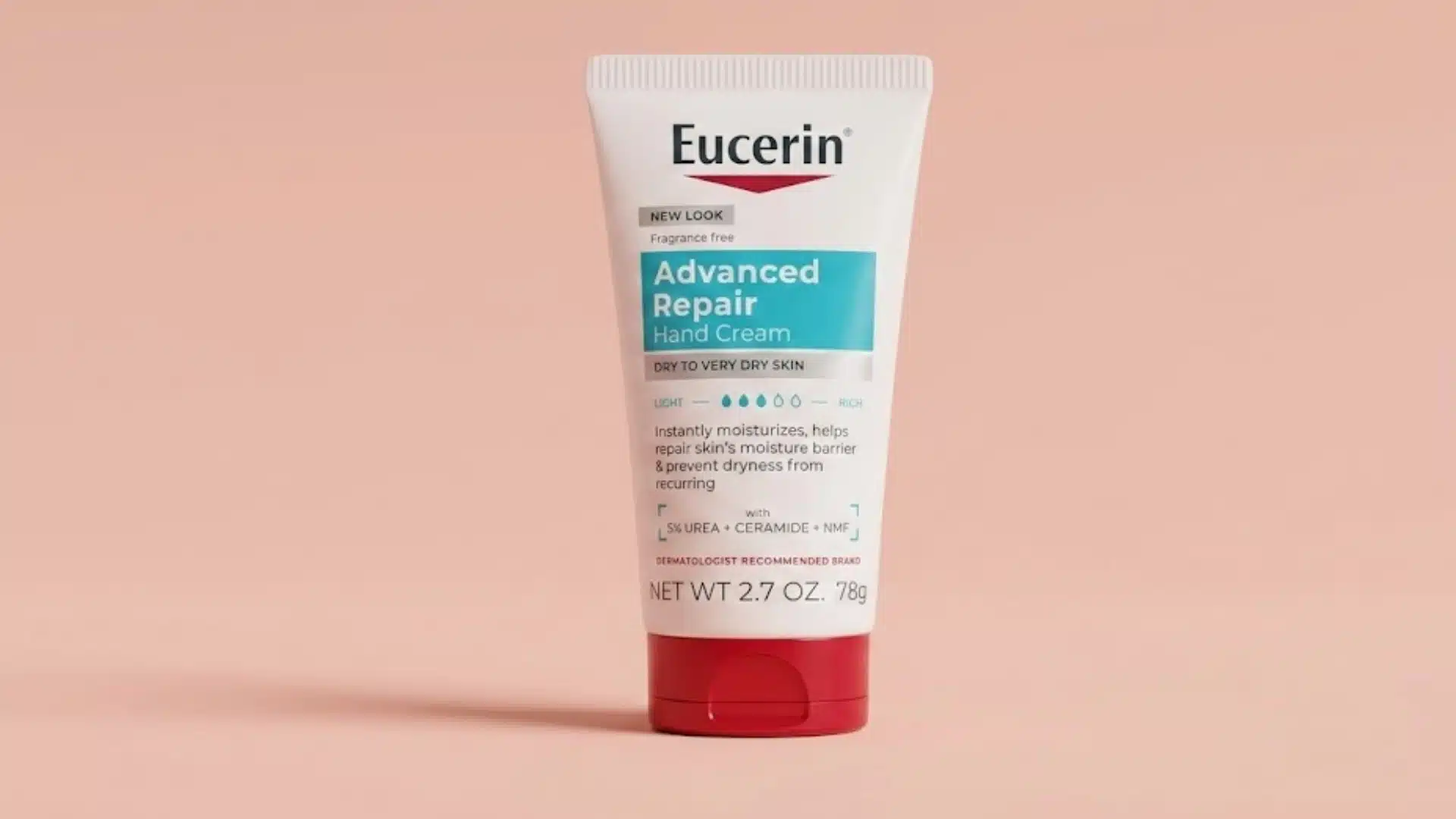 Eucerin Advanced Repair Hand Cream tube for dry to very dry skin on a soft beige background