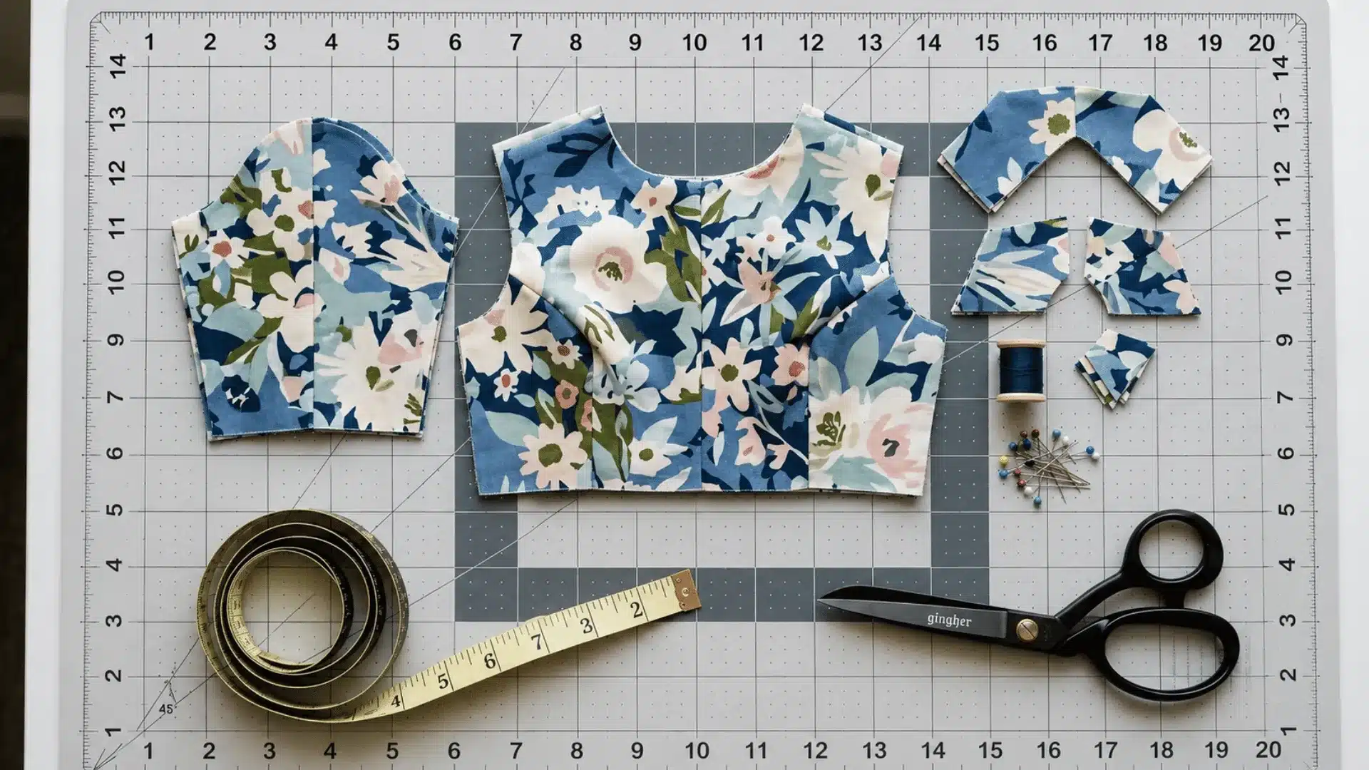 Fabric pieces cut to size on a cutting mat with tape measure showing inches per yard