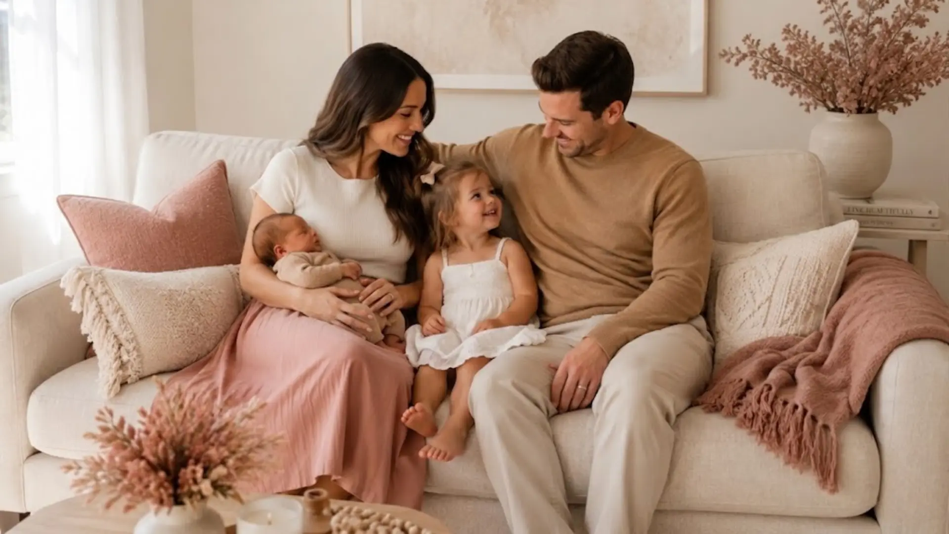 Family in dusty rose, ivory, and camel newborn family photo outfits on cream sofa