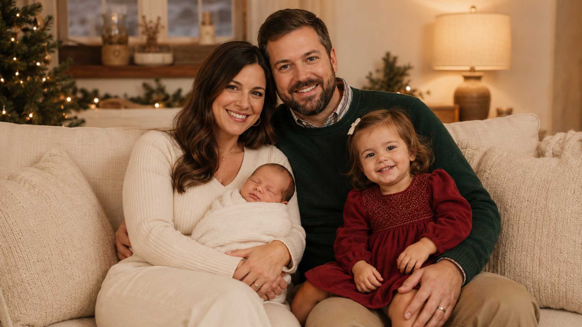 Family in forest green, cream, and cranberry holiday outfits for winter newborn session