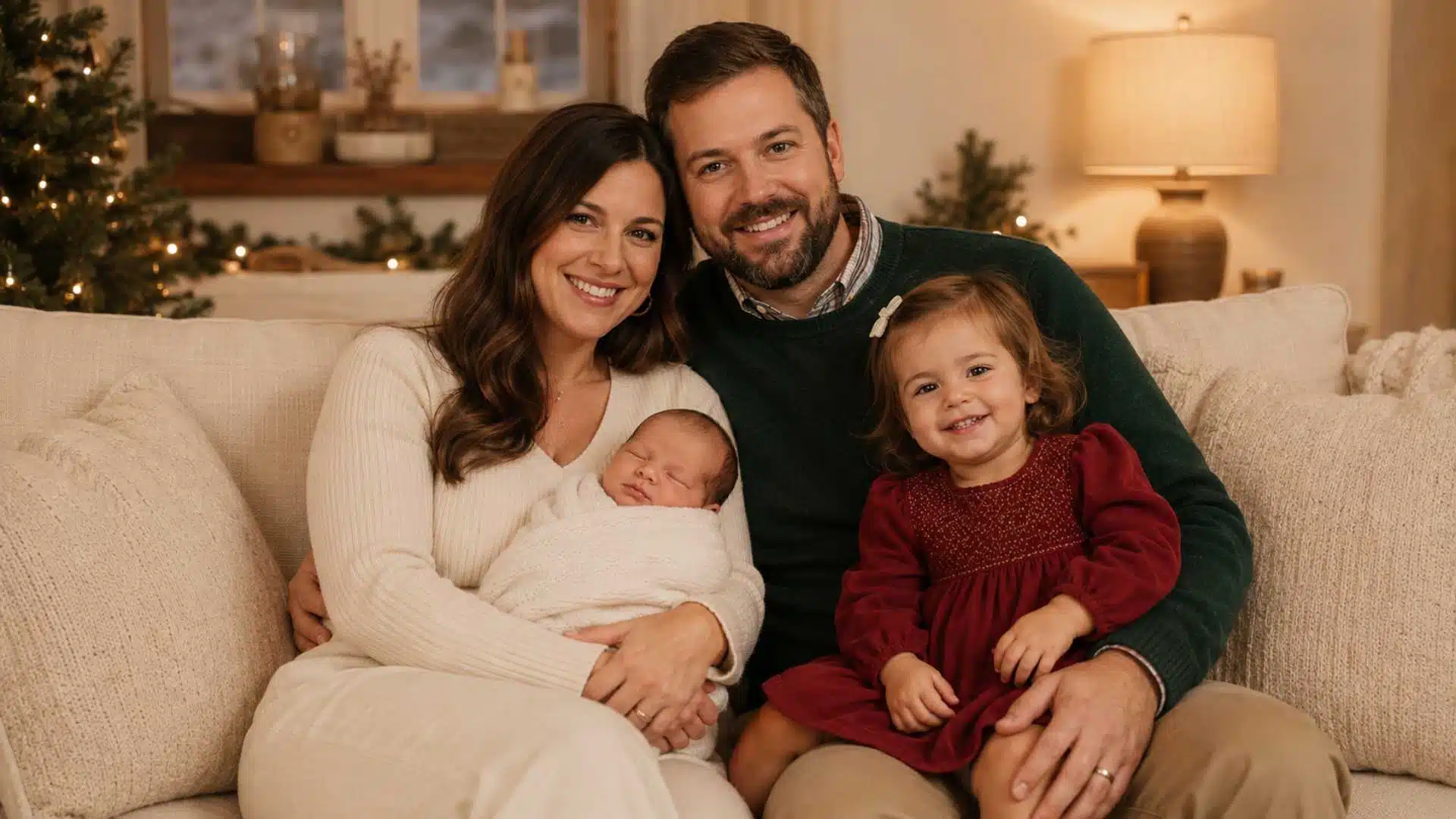 Family in forest green, cream, and cranberry holiday outfits for winter newborn session