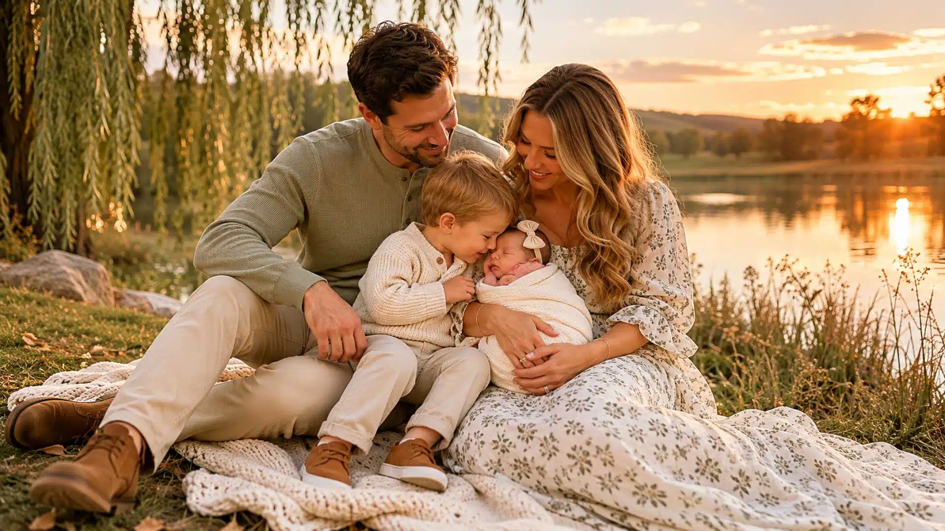 Family in rust and camel earth tones for fall outdoor newborn family photo session