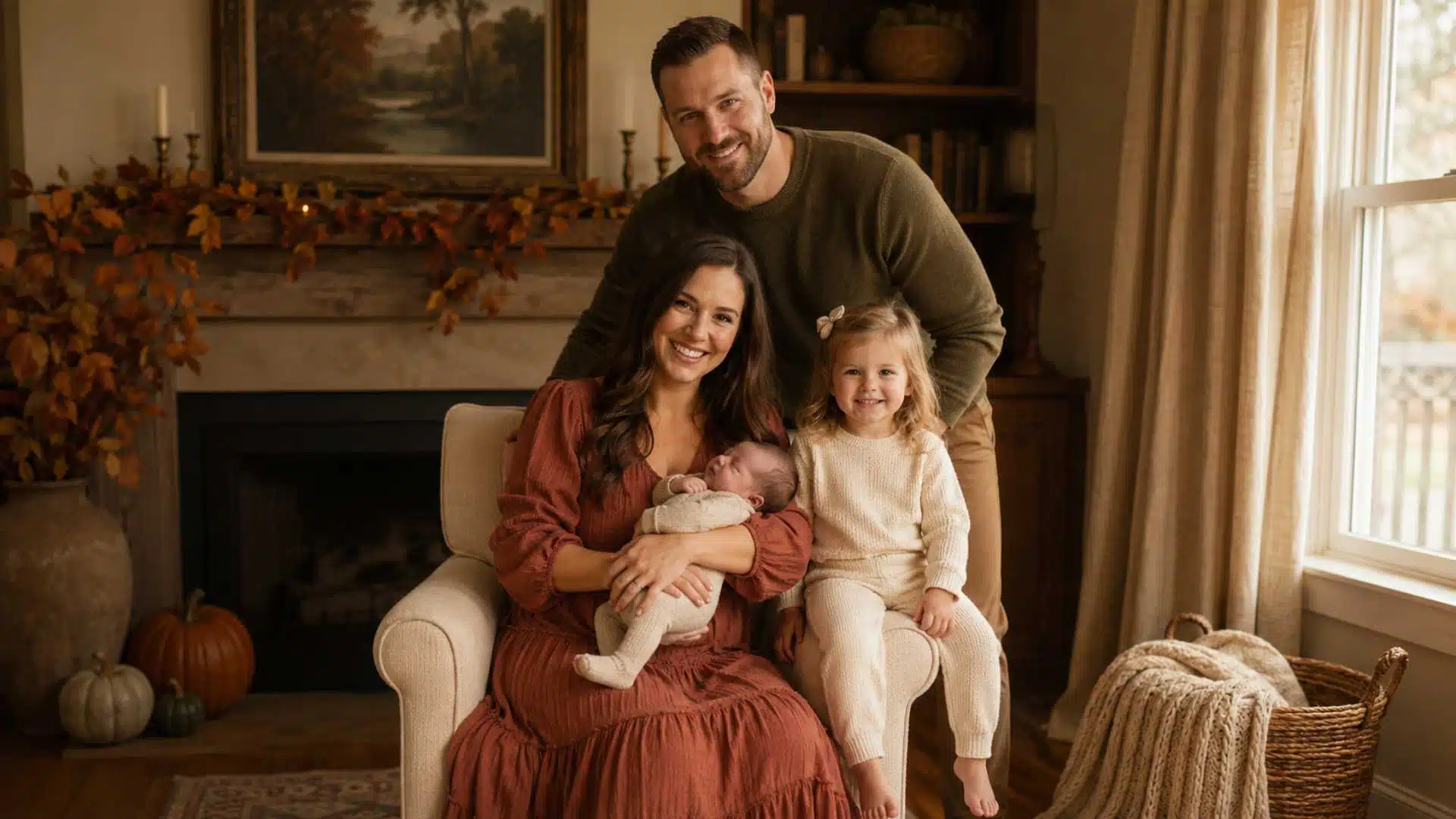 Family in rust, cream, and warm brown earth-tone palette for newborn family photo session