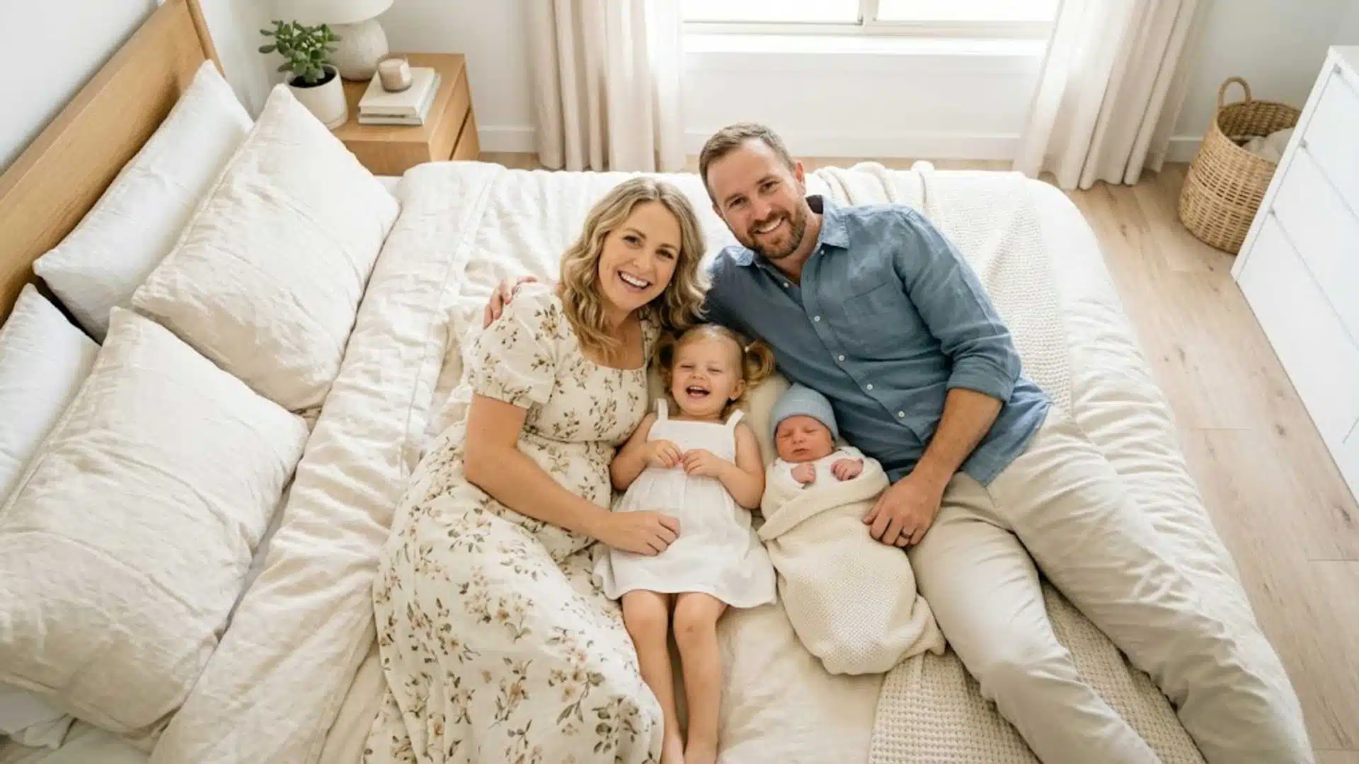 Family overhead portrait with dad in dusty blue button-down in coordinated newborn photo outfits