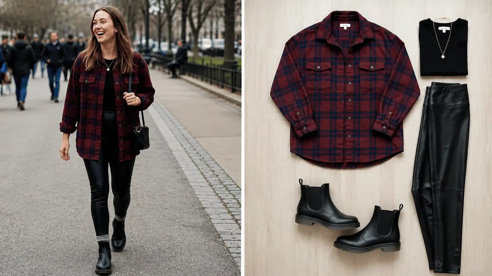 Faux leather leggings with oversized flannel