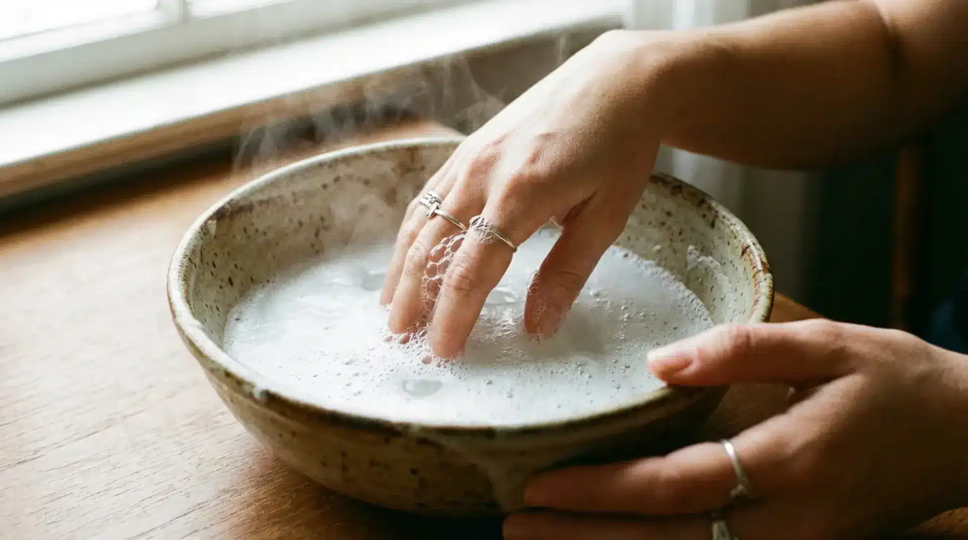 Fingers soaking in warm soapy water to loosen nail glue from skin before gentle removal