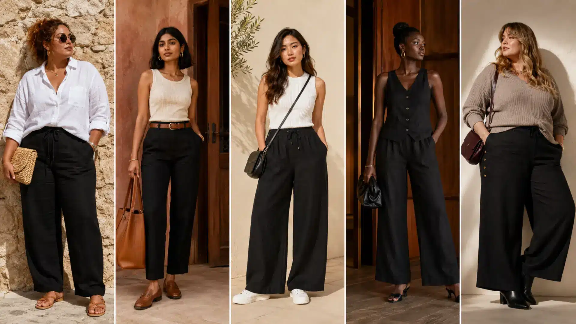 Five black linen pants outfits styled with sandals, loafers, sneakers, mules, and ankle boots in a collage