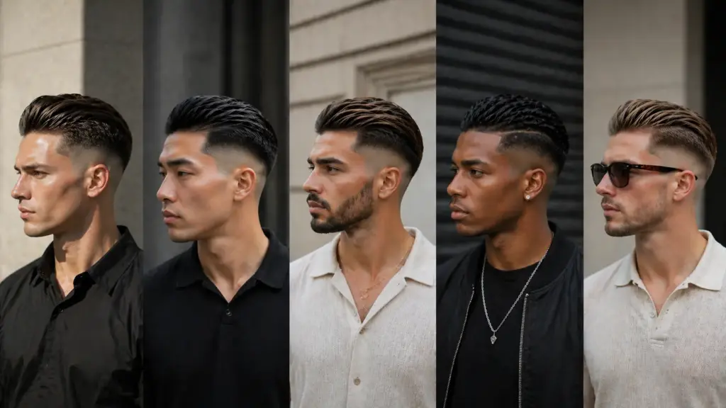 Five men with distinct high fade slick back hairstyles in a stylish side-by-side fashion portrait collage
