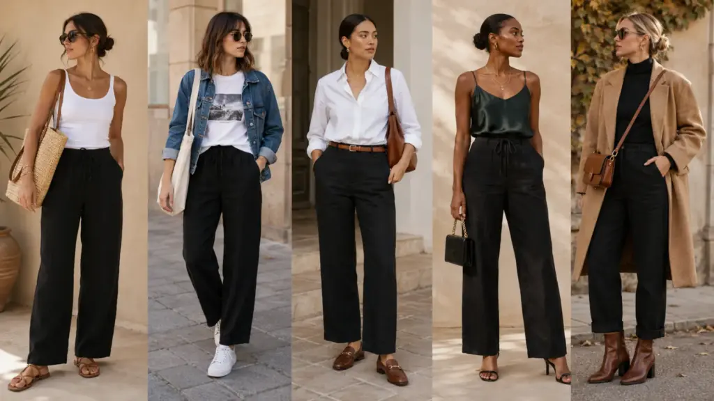 Five women styling black linen pants for casual, work, evening, street-style, and transitional outfits in neutral tones