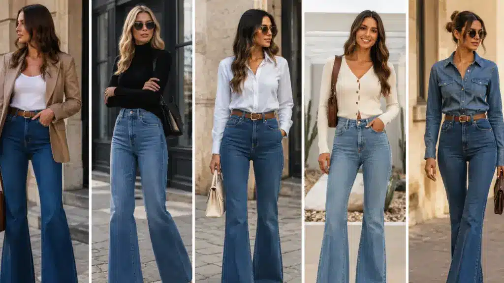 Five women wearing stylish flare jeans and chic tops posing on elegant city streets in daylight