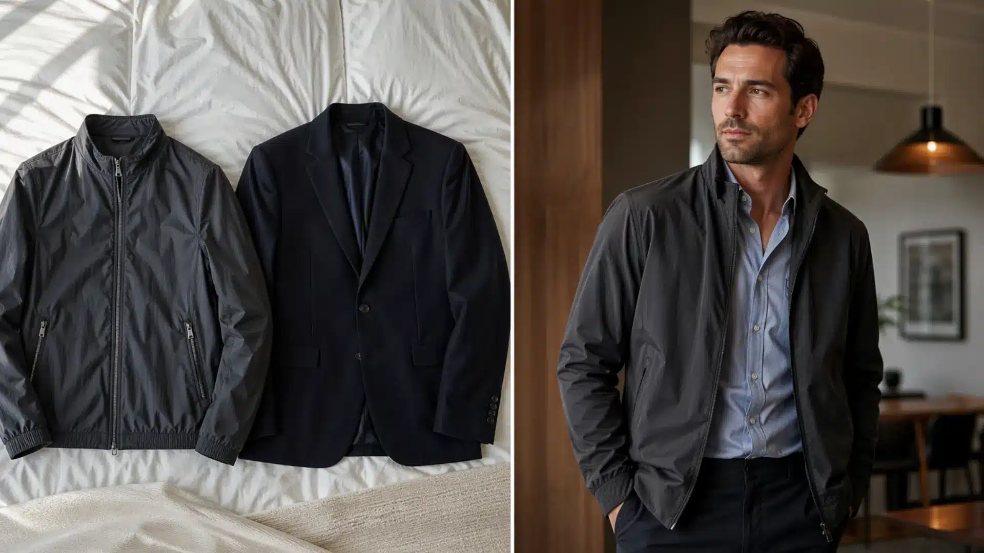 Flat lay of casual jacket and blazer on bed beside man wearing jacket styled with smart outfit indoors